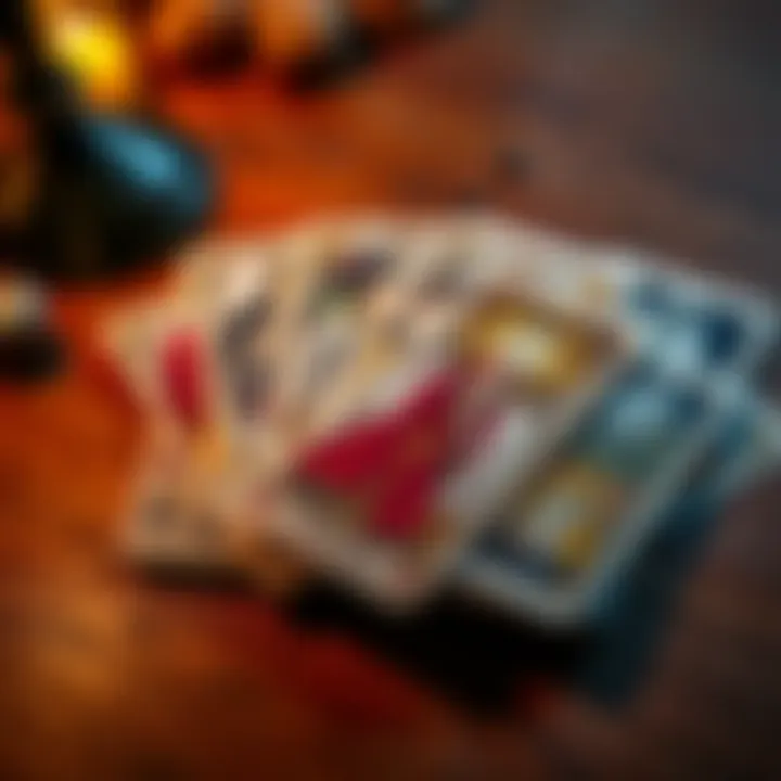 Close-up of a tarot deck displaying various cards, some upright and some reversed, on a wooden table.