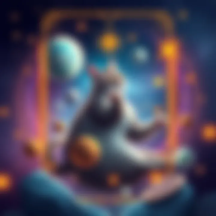 Tarot deck illustration with cats and space A creative tarot card featuring a cat floating among stars and planets, showcasing a blend of cosmic elements and feline charm.