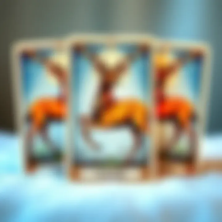 A tarot deck featuring illustrated deer on each card, showcasing their beauty and grace, against a soft background.