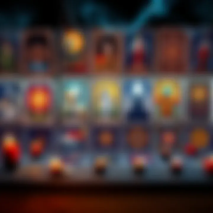 An artistic arrangement of various tarot decks featuring vibrant imagery and celestial motifs