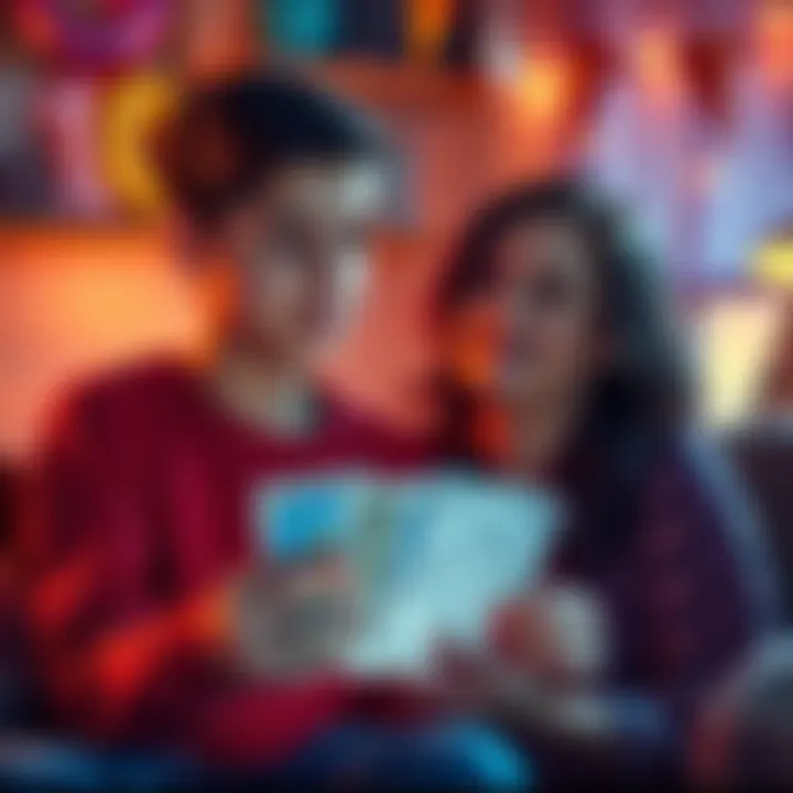A young adult holds an AI-produced tarot deck, looking contemplative. Their mother smiles, unaware of the deck's origin. The scene is cozy and warm, with birthday decorations in the background.