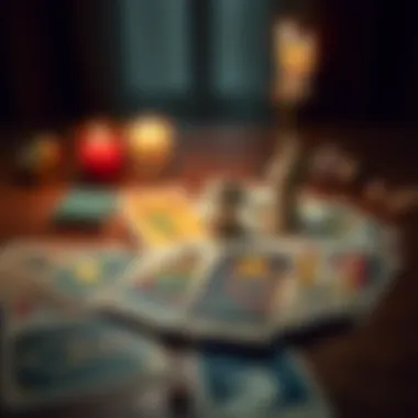 Tarot Deck on Table A colorful tarot deck spread out on a wooden table with a candle and crystals in the background.