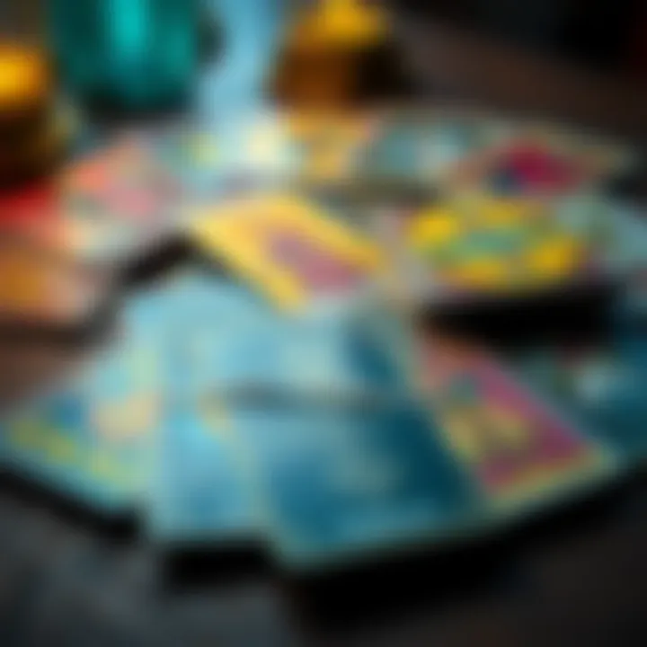 A collection of colorful Tarot cards laid out on a table, featuring the Temperance card prominently, suggesting a playful interaction with the deck, with a humorous vibe.