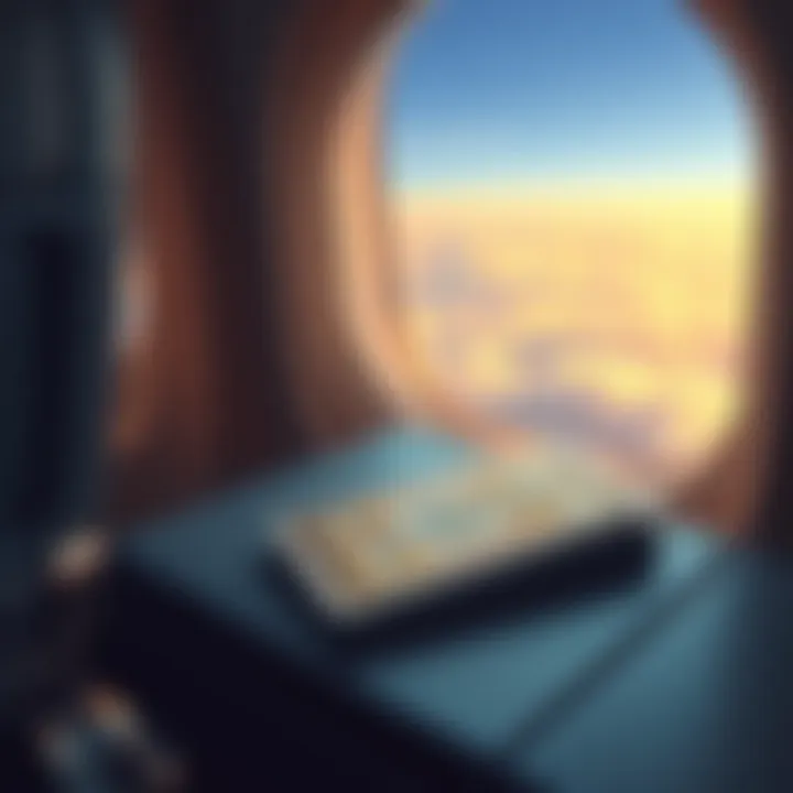 A tarot deck resting on an airplane tray table, with a window view of clouds outside the plane