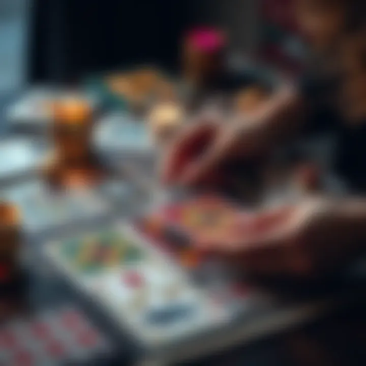 A person selecting a tarot deck with colorful cards laid out on a table