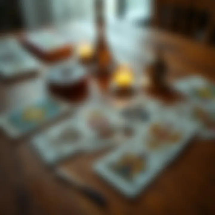 A linen-finish tarot deck with subdued art spread on a wooden table, ready for solitaire play.