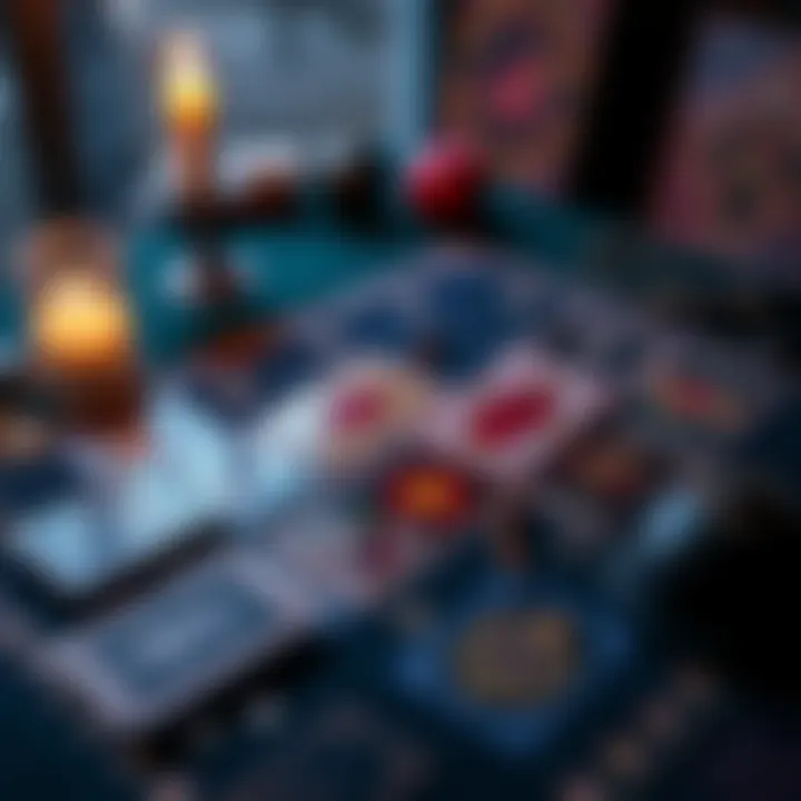 A tarot deck laid out on a table with a mystical atmosphere, featuring colorful cards and a lit candle nearby.