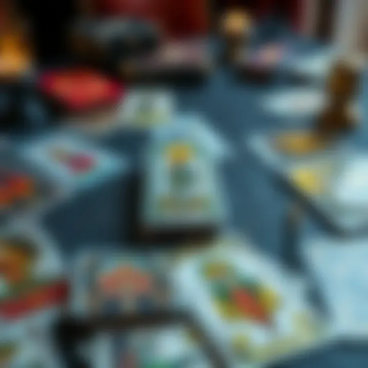 A collection of various tarot decks spread out on a table with the Rider-Waite deck prominently displayed