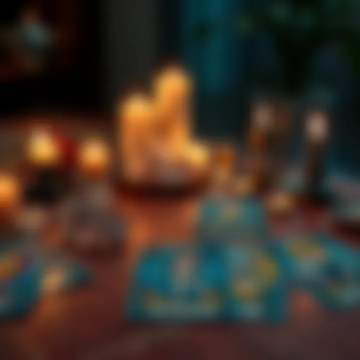 A tarot spread laid out on a table with cards representing different deities, including Poseidon, surrounded by candles and crystals.