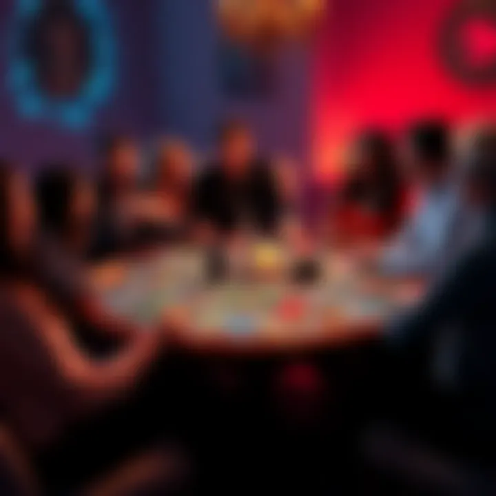 A tarot card spread laid out on a table with diverse people engaging in conversation around it