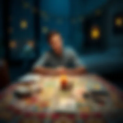 A person sitting at a table with tarot cards spread out, looking contemplative about their upcoming exams.