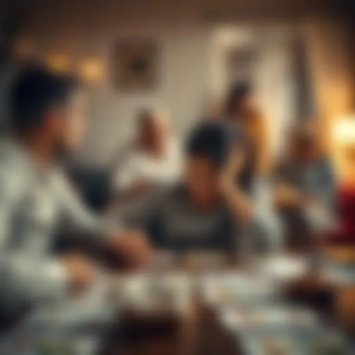 A person sits at a table with tarot cards spread out, looking stressed while discussing family issues with their boyfriend's family in the background.