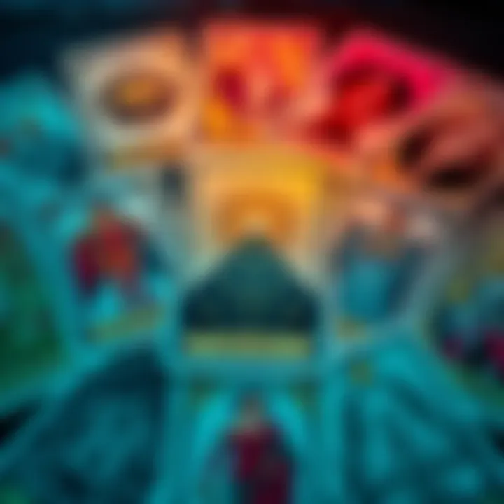 A spread of tarot cards illustrating gender symbols and energy flow, highlighting balance and action themes in readings.