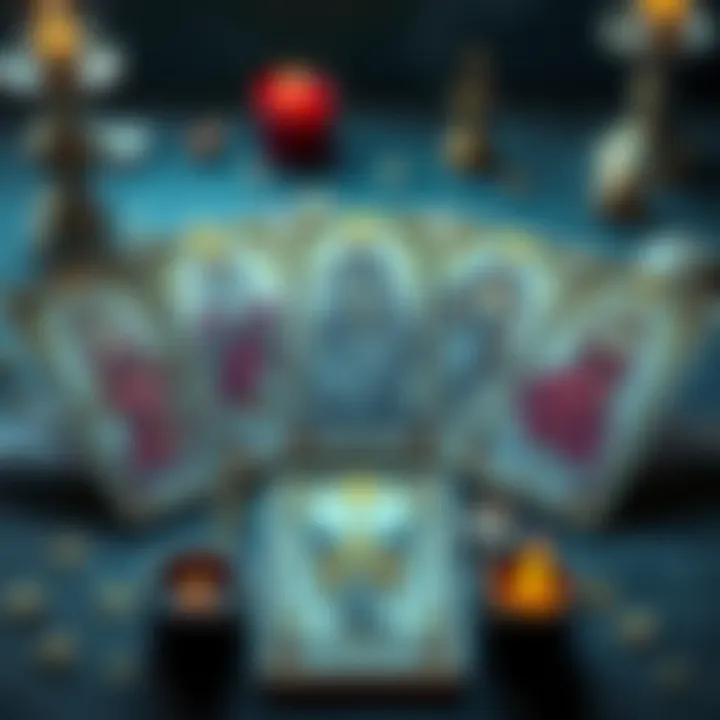 Tarot Cards Featuring Greek Goddesses A set of tarot cards illustrated with various Greek goddesses, showcasing their symbols and attributes, arranged on a table with mystical elements around.