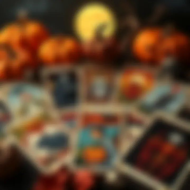 A colorful spread of tarot cards with spooky Halloween themes, featuring pumpkins and a moon in the background.