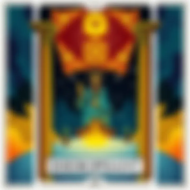 An illustration of the Hierophant Tarot card with traditional symbols and colors, showing a wise figure seated between two pillars, surrounded by spiritual elements.