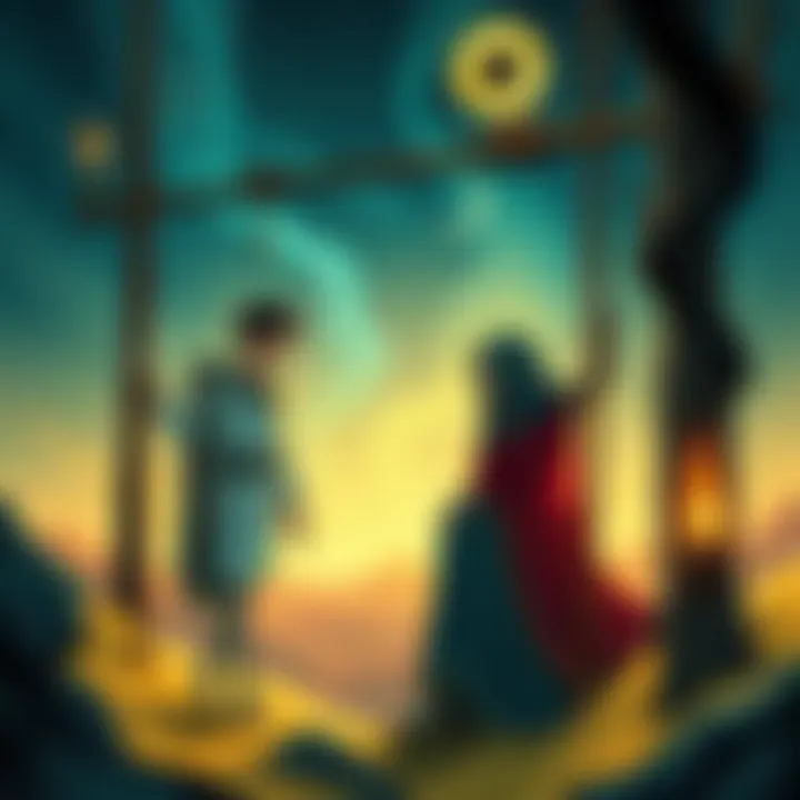 Illustration showing the Hanged Man and Death cards from the Tarot, symbolizing personal growth and transformation in a mystical setting.