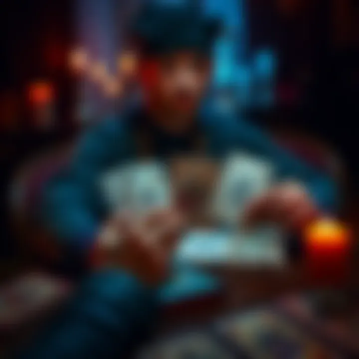 A person holding tarot cards and Lenormand cards while sitting at a table, ready to provide readings.