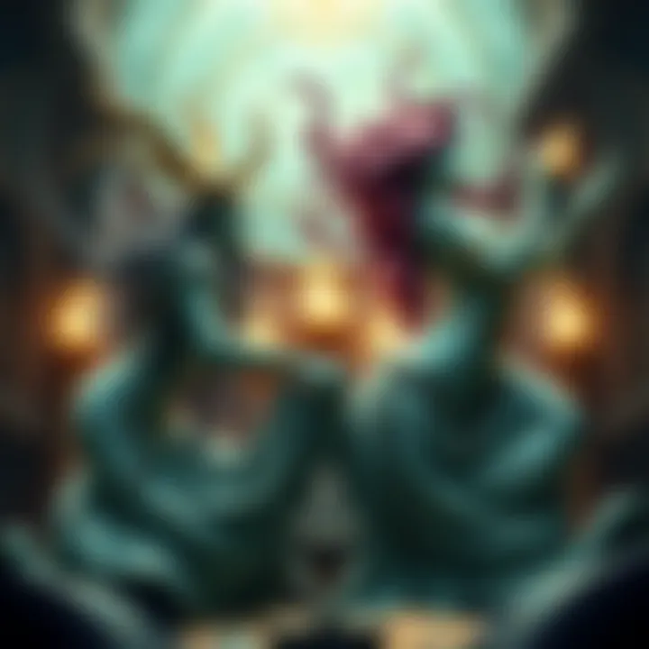 A mystical tarot reading scene featuring representations of Loki and Medusa intertwined with tarot cards