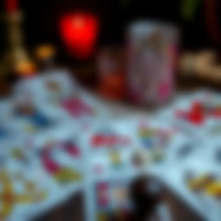 A table with tarot cards spread out, featuring The Hanged Man and Queen of Cups, symbolizing romance and emotions.