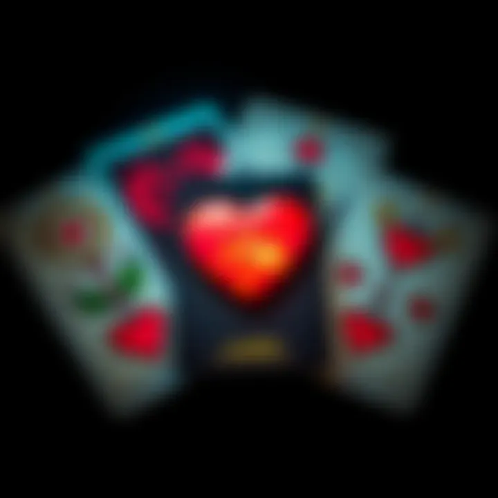 A mystical tarot reading scene featuring cards with hearts and symbols of love, set against a backdrop of soft candlelight, conveying introspection and connection.