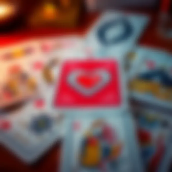 A spread of tarot cards with a heart symbol in the background, signifying love and relationships