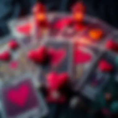 A set of tarot cards spread out with heart symbols around them, inviting people to request love readings by commenting their initials.
