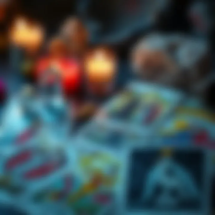 A spread of tarot cards focused on love, including The Lovers and Judgement, with a candle and crystals in the background.