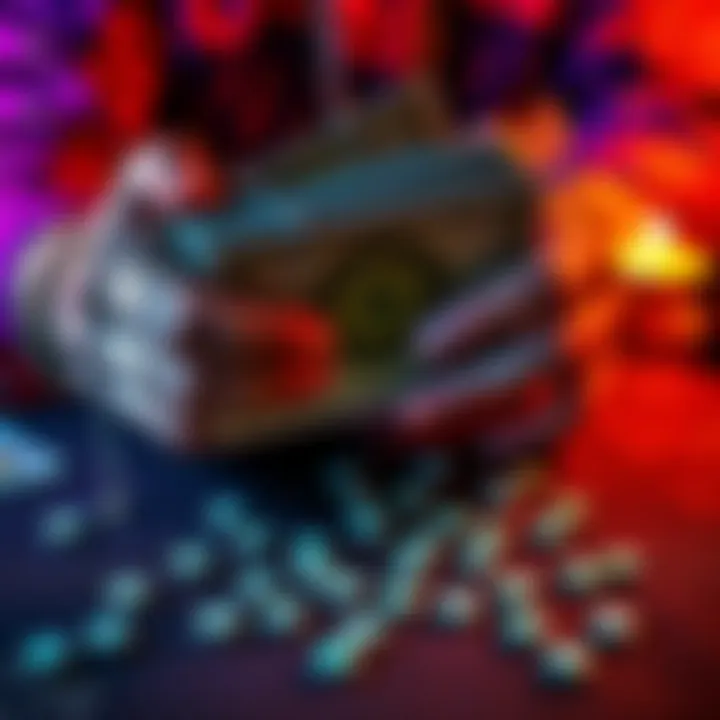 A person holding tarot cards with LSD tabs scattered on a table, showing a search for lost items.