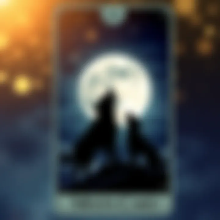 A tarot card featuring the Moon, depicting a serene night sky with a large moon and two dogs howling at it, symbolizing intuition and subconscious thoughts.