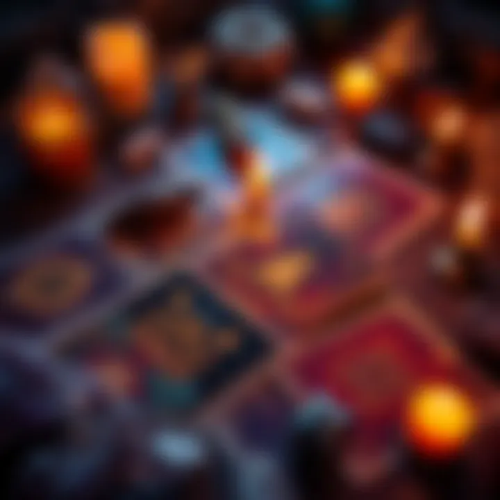 Tarot of the Holy Light Deck A spread of Tarot of the Holy Light cards featuring symbols from alchemy, Kabbalah, and Gnosticism, surrounded by candles and crystals.