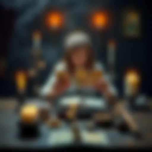 A person holding tarot and oracle cards at a table, surrounded by mystical items and candles, ready to provide readings.