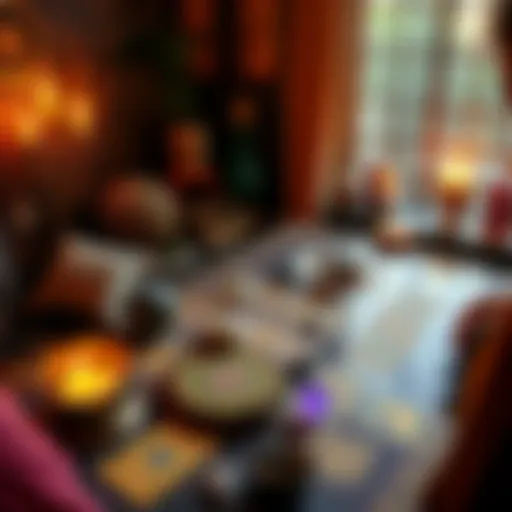 A person seated at a table with tarot and oracle cards spread out, surrounded by cosmic-themed decor and crystals, inviting others to join in for a reading.