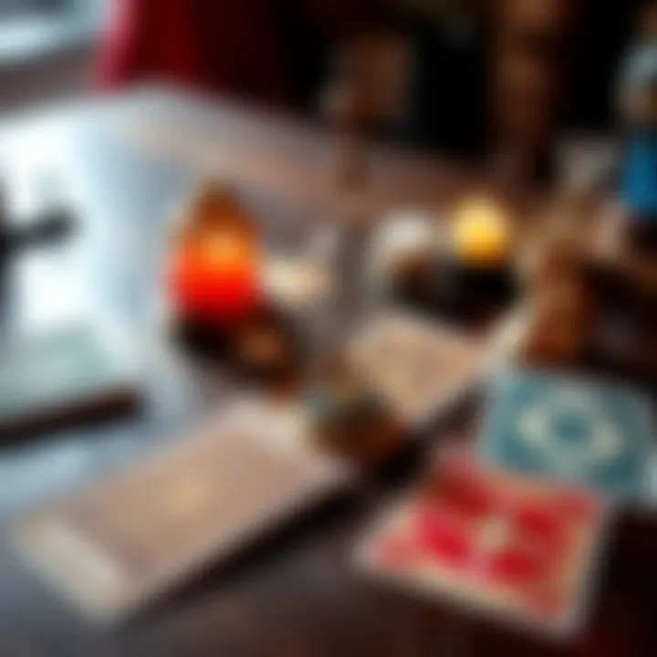 A setup for tarot and pendulum readings with cards and a pendulum on a table.