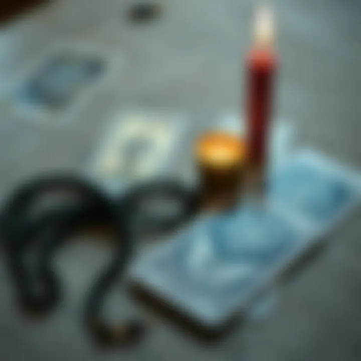 A set of tarot cards arranged with prayer beads and a candle, symbolizing a Christian approach to divination.