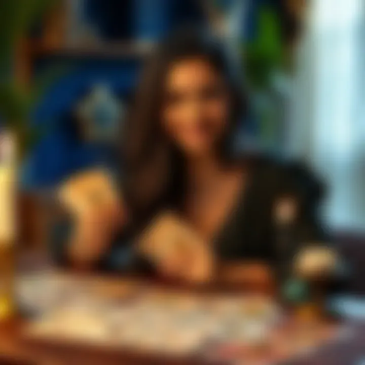 Camila, a tarot reader, smiling while holding tarot cards at a table, inviting people to join her community for free readings and spiritual guidance.