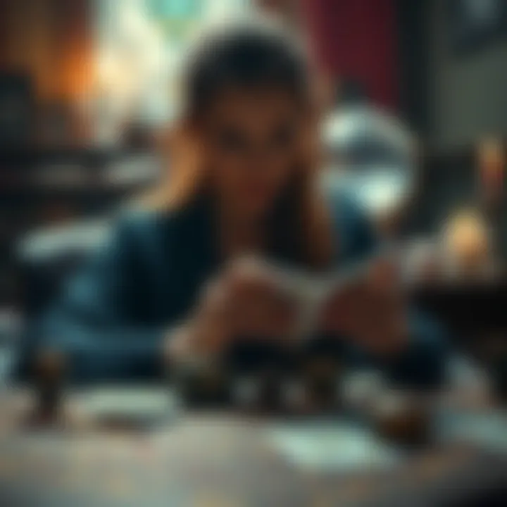 A tarot reader shuffles cards on a table, looking focused and engaged, with a crystal ball in the background.