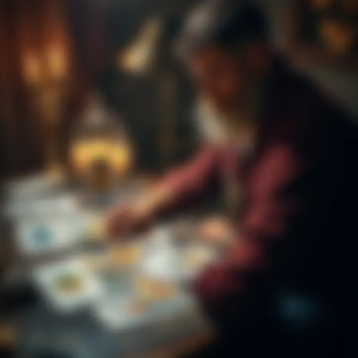A person sitting at a table with tarot cards spread out, focusing on a reading