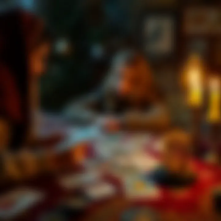 A tarot reader spreads cards on a table while a curious person watches closely, seeking insights about their future.