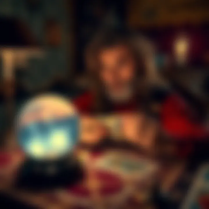 A tarot reader sits at a table, holding tarot cards with a crystal ball nearby, creating a mystical atmosphere.