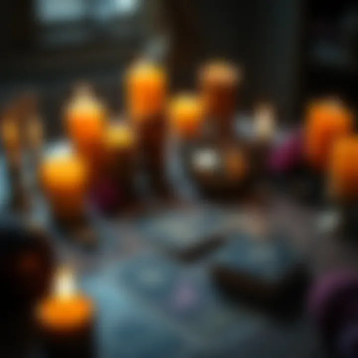 A novice tarot reader lays out cards on a table surrounded by flickering candles, conveying a sense of concern and focus on a friend named Sarah.