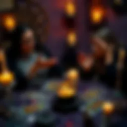 A tarot reader gestures while talking to a client, with tarot cards spread on a table. The client looks frustrated, holding their head in their hands. The setting has candles and crystals for a mystic...