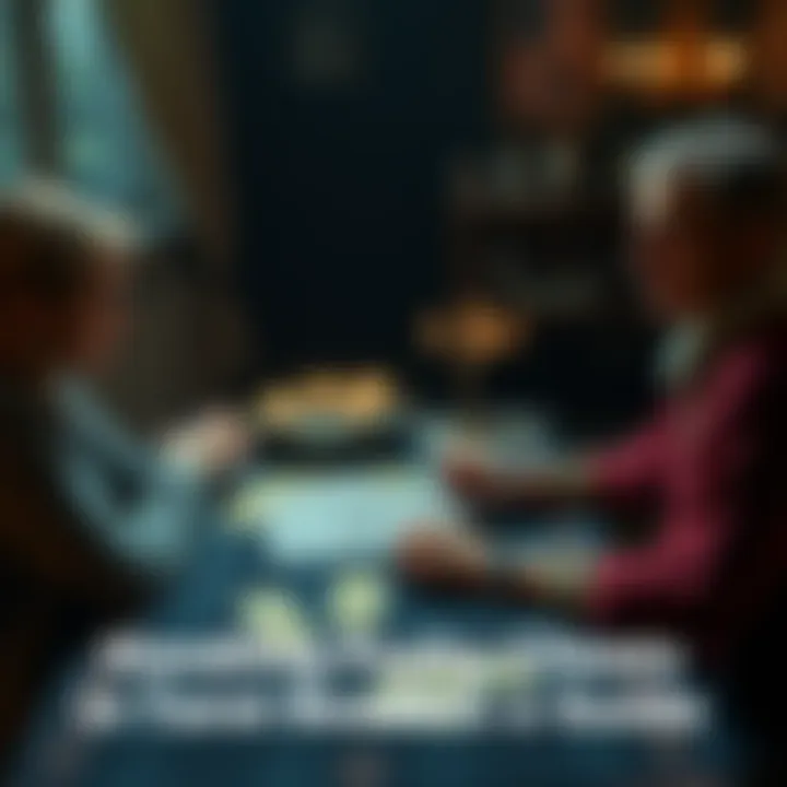 A tarot reader sits at a table with tarot cards, talking to a client who appears eager and engaged, with another client waiting patiently.