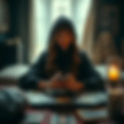 A tarot reader with cards spread out, inviting others for a reading exchange, with a calm and welcoming atmosphere.