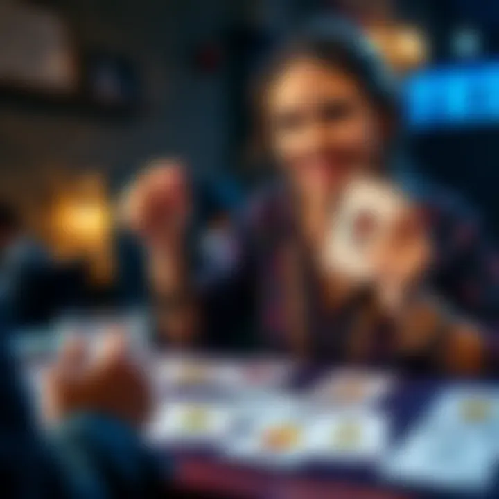 A professional tarot reader holding a tarot card, smiling, with a set of tarot cards spread out on a table, inviting people for love readings.