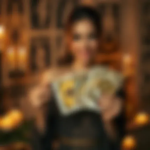 A woman holding tarot cards with a welcoming smile, inviting people to get free readings through direct messages, surrounded by candles and mystical decor.