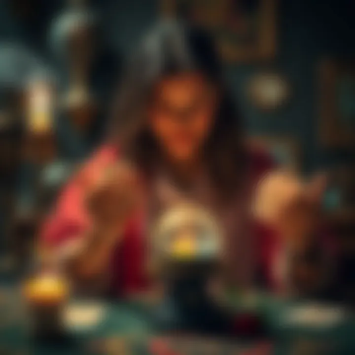 A tarot reader with cards and a crystal ball, inviting people to ask about love.