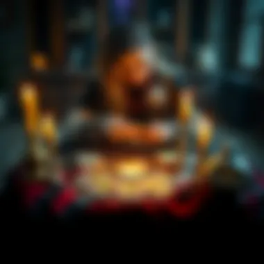 A tarot reader shuffles cards on a table with candles and crystals around, inviting people for free readings.