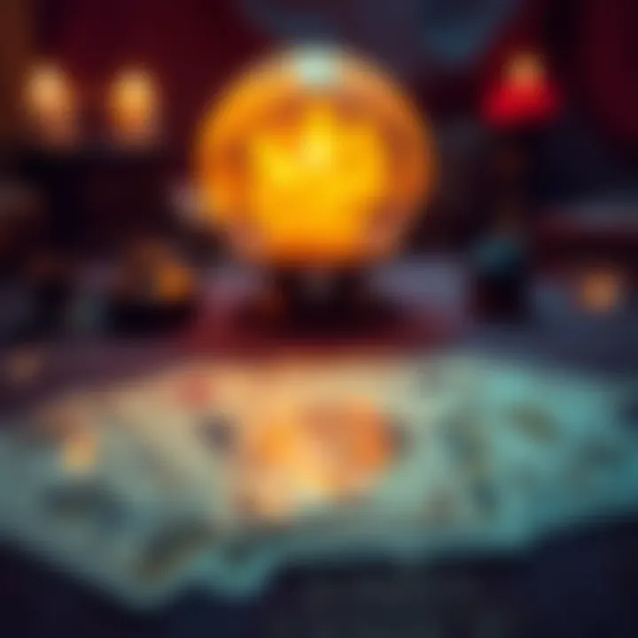 A tarot card spread on a table with a glowing crystal ball in the background, inviting people to ask questions for free readings.