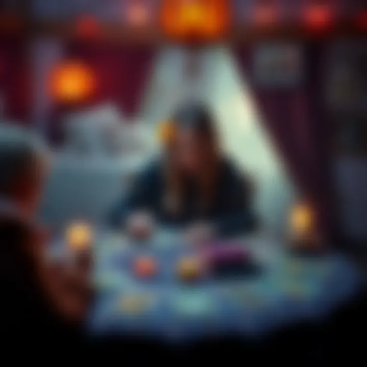 A tarot reader sits at a table with tarot cards, inviting people to join for free readings about love and life.